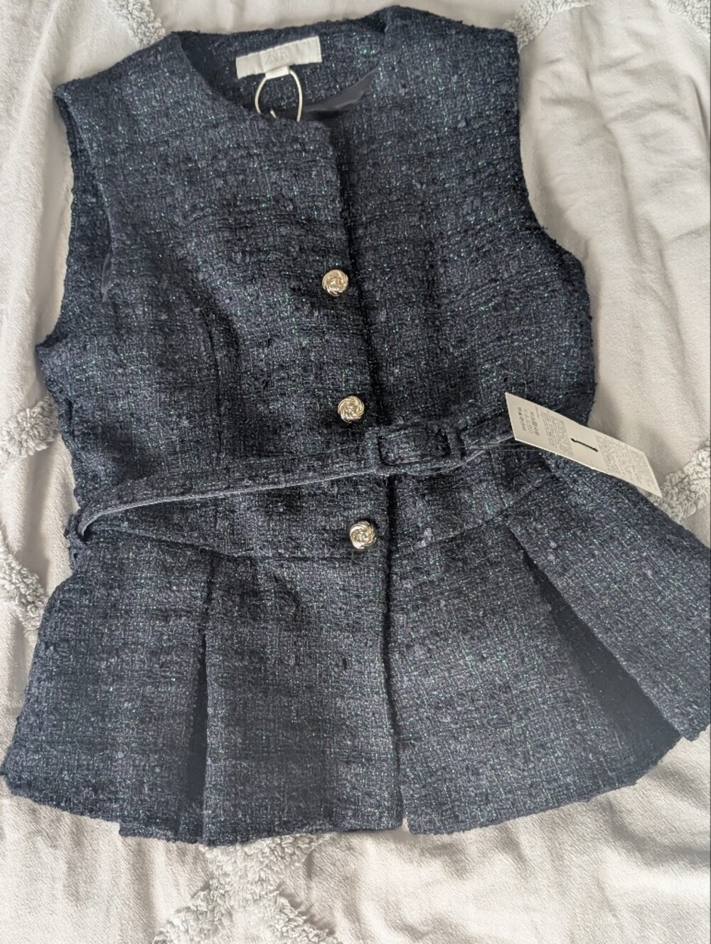 Zara Navy Tweed Vest New With Tag with Gold Rose Buttons